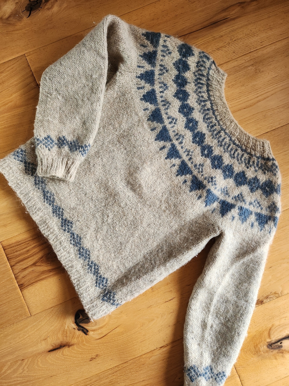 Hand-Knit Light Grey and Blue Fair Isle Women's Sweater